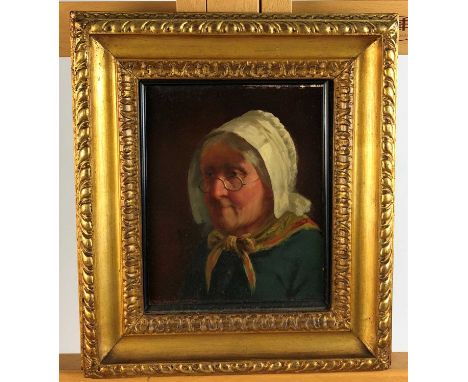 D W Hutchinson, Portrait of an old lady, oil on panel, 21 x 17cm