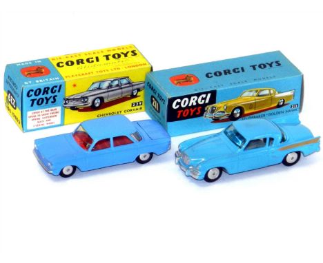 Studebaker Golden Hawk in blue with gold fin flashes, box marked "3/9" otherwise pristine. Corvair has mid-blue body and red 