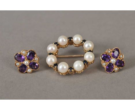 A pair of 9ct gold amethyst and seed pearl cluster earrings, hallmarked London 1999, together with a cultured pearl and sapph