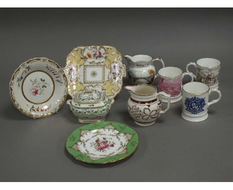 A small group of 19th/20th century ceramics, including a New Hall polychrome tea bowl and saucer, Gray's Pottery pink lustre 