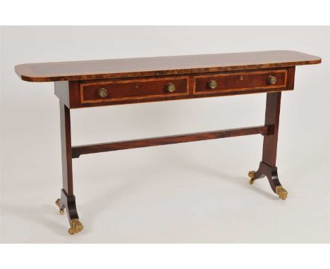 A good quality reproduction Regency style mahogany side / console table, the rounded rectangular top with a broad burr walnut