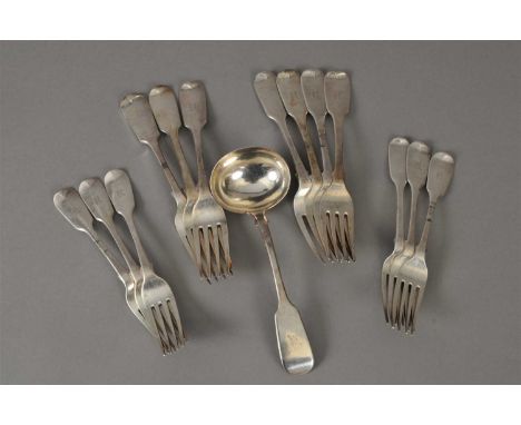 A collection of silver Fiddle pattern forks, William Eaton, London 1842, each with engraved initial to the terminal, together