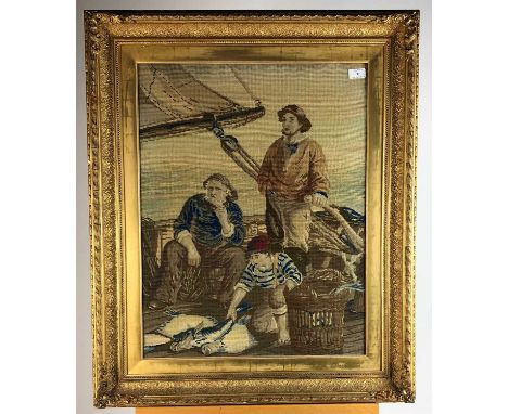 British school, late 19th century, Tapestry of fishermen in a composite gilt frame, 67 x 52cm