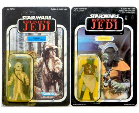 Kenner Star Wars Return of in Jedi Klaatu and Logray type 65, blister carded figures. Both vac-forms slightly yellowed, very 