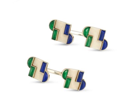 A PAIR OF FRENCH JADEITE JADE AND LAPIS LAZULI CUFFLINKS in 18ct white gold, the geometric faces set with cabochon jadeite ja