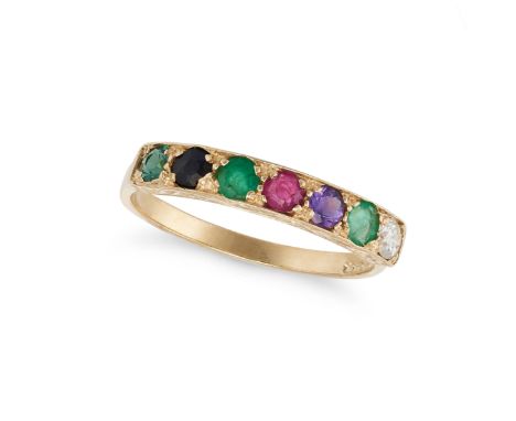 A GEMSET ACROSTIC RING in 9ct yellow gold, set with a round cut diamond, emerald, amethyst, ruby, emerald, sapphire and topaz