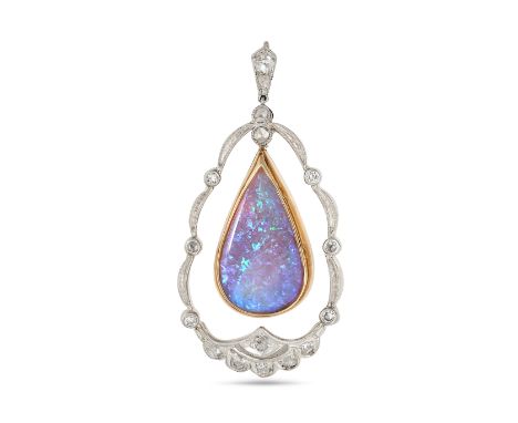AN OPAL AND DIAMOND PENDANT in yellow and white gold, the pendant set with a pear shaped cabochon opal, suspended from a fram
