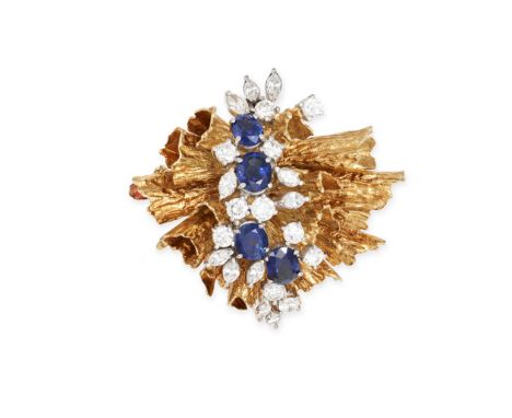 A VINTAGE SAPPHIRE AND DIAMOND BROOCH in 18ct yellow gold, the textured scrolling body set with four oval cut sapphires, acce