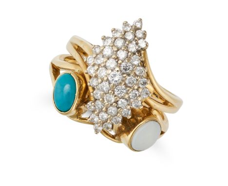 AN OPAL, TURQUOISE AND DIAMOND RING in 18ct yellow gold, set with a cluster of round brilliant cut diamonds accented by an ov