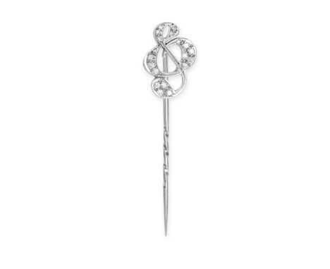 THEO FENNEL, A VINTAGE DIAMOND STICK PIN in 18ct white gold, designed as a treble clef set with round brilliant cut diamonds,