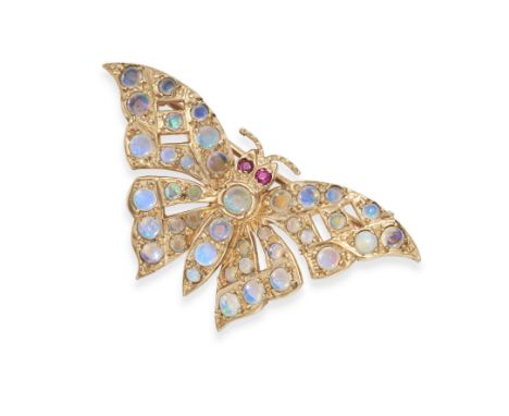 NO RESERVE - AN OPAL AND RUBY BUTTERFLY BROOCH in 9ct yellow gold, set throughout with cabochon opals, the eyes set with roun