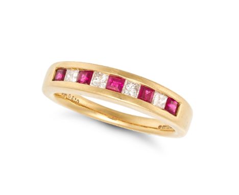 A RUBY AND DIAMOND HALF ETERNITY RING in 18ct yellow gold, set with a row of alternating square cut rubies and princess cut d