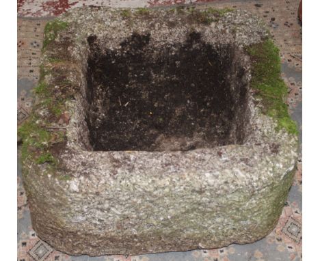 An old Cornish well-cut weathered granite square garden trough 24" x 24" x 13"