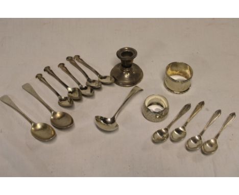 Two various silver circular napkin rings, selection of silver teaspoons, sauce ladle etc