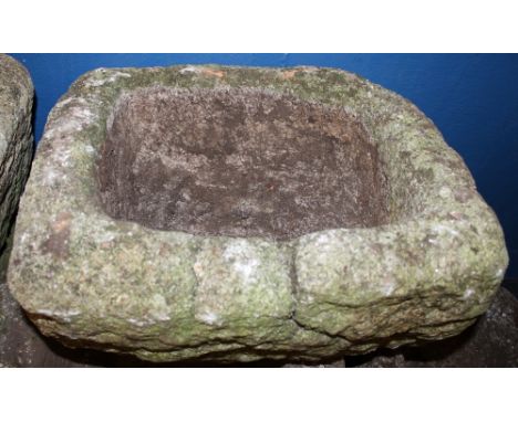 A small old weathered Cornish granite rectangular garden trough, 17" x 15" x 10"