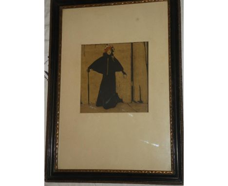 A coloured wood-block print - full length portrait of Sarah Bernhardt after Sir William Nicholson, framed and glazed