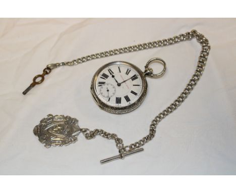 A gentleman's silver cased chronometer lever pocket watch with circular enamelled dial in engraved case together with silver 