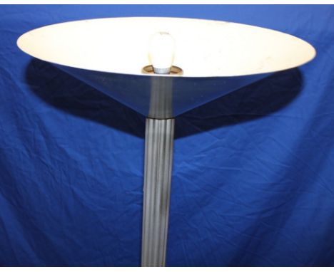 An old Art Deco aluminium and stainless steel uplighting standard lamp with fluted column on circular base