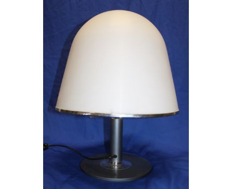 A 1970's mushroom table lamp by Harvey Gazzini with opaline acrylic domed shade and painted steel mounts, 22" high