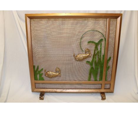 A 1930's Art Deco painted iron and wirework fire-screen depicting fish swimming amongst reeds 29" x 30"