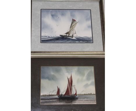 Tony Warren - watercolours"The Falmouth pilot cutter Arrow and diving gannets" signed dated 1987, labelled to verso 7" x 9" a
