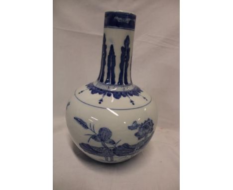 A Chinese pottery tapered vase with blue and white bird, floral and insect decoration, 13" high