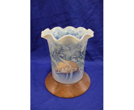 An opaline glass cylindrical oil lamp shade with scroll decoration, 9" high x 9" diameter