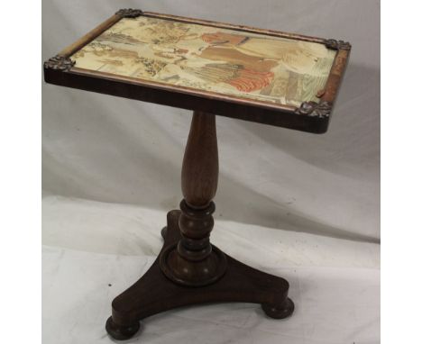 A 19th Century rosewood rectangular occasional table, the top inset with a needlework tapestry panel depicting females on tur