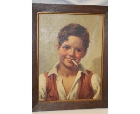 Antonio Vallone - oil on canvasBust portrait of a young man smoking a cigarette, signed, 15" x 11"