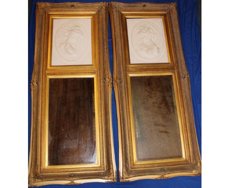 A pair of good quality bevelled rectangular wall mirrors below composition female portrait panels in gilt frames 53" x 22" ov
