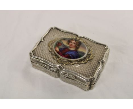 A Victorian silver rectangular snuff box by Nathanial Mills, the rectangular hinged lid mounted with an oval porcelain plaque