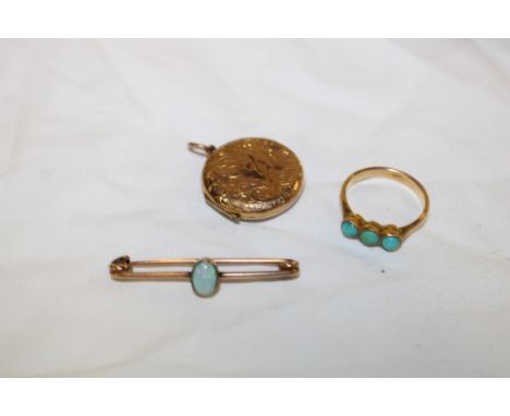 A 9ct gold dress ring set turquoise, 9ct gold circular pendant locket and one other opal mounted bar brooch (3)