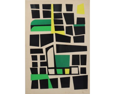 Jo DELAHAUT (1911-1992) green, yellow and black "Untitled" silkscreen print, 1956. Signed Jo Delahaut" in pencil lower right 