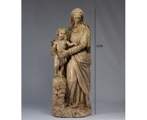Large wooden sculpture of the Virgin and Child from 17th century - Weight: 21.70 kg - Shipping unavailable - Region: Europe -
