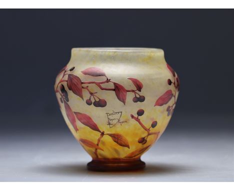 Daum Nancy acid-etched vase decorated with red berries - Weight: 990 g - Shipping available - Region: france - Sizes: H 155 M
