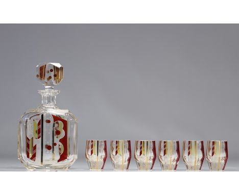 Art Deco crystal decanter and (6) glasses with "Karel Palda" sandblasted and enameled geometric decoration. Karel Palda's art