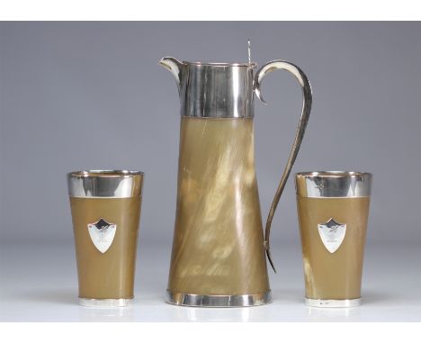 (3) Horn "jug and beakers" hunting set mounted on sterling silver English hallmarks - Weight: 1.15 kg - Shipping available - 