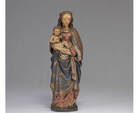 Virgin and Child in polychrome carved wood - Weight: 4.37 kg - Shipping unavailable - Region: Europe - Sizes: H 550 MM L 190 