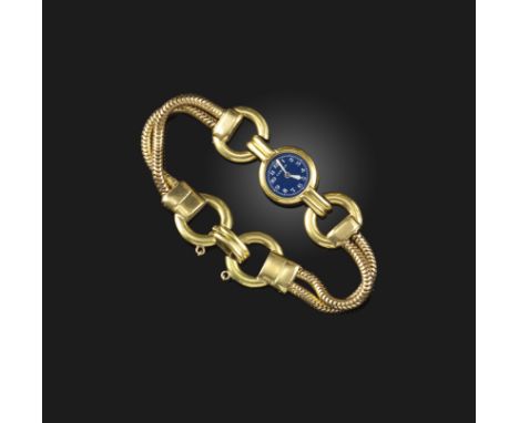 Cartier, a rare lady's retro gold wristwatch, mid 20th century, the circular blue dial with white enamel indicators and hands