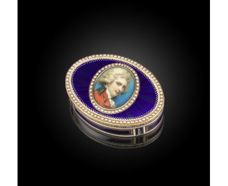 λ A portrait miniature, gold, enamel and pearl snuff box, late 18th/early 19th century, the miniature circle of Richard Coswa