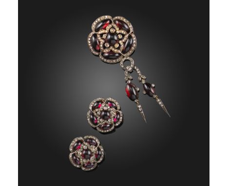 A garnet and diamond demi-parure, mid 19th century and later, and a citrine ring, comprising: a brooch, designed as a flower 