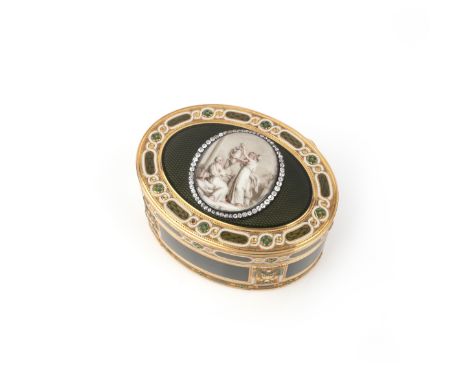 A gold and enamel snuff box, France, 19th century, of oval outline, set with an enamel miniature depicting the three Graces f