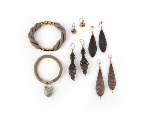 A group of hair work jewellery, comprising: a mourning bracelet composed of woven hair, to gold links and clasp applied with 