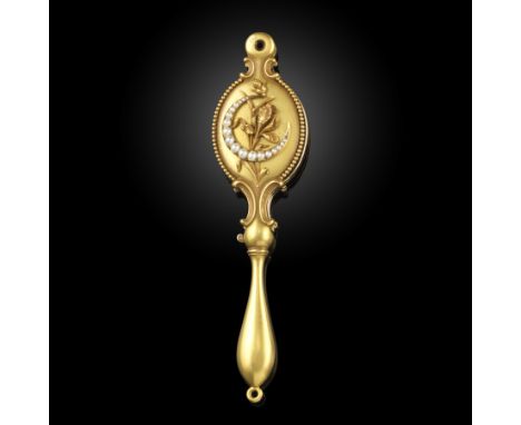 A Victorian lorgnette, late 19th century, the handle with an iris and half-pearl crescent moon to one side, and entwined init