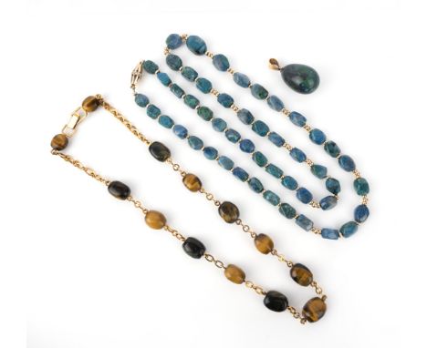 Two hardstone necklaces and an opal pendant, comprising: a gold chain necklace strung with tiger's eye beads, length 53cm, st