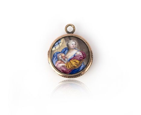 An unusual enamel locket pendant, 19th century, composite, the circular gold locket applied with painted enamels depicting a 