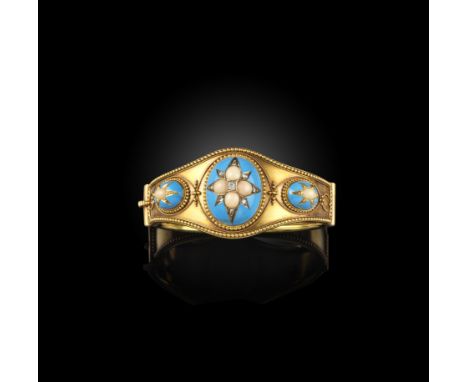 λ A Victorian gold, coral, enamel and diamond bangle, mid 19th century, the hinged bangle applied with bead and rope twist de