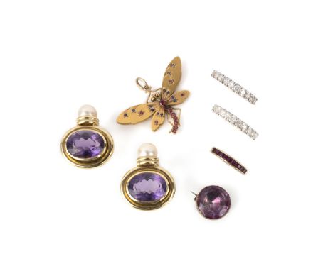 A group of jewellery, comprising: a pair of amethyst and cultured pearl earrings, post fittings, length 2.8cm each, stamped 7