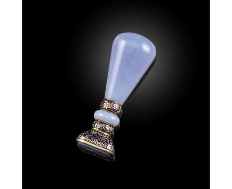 A lace agate, gold and enamel desk seal, Geneva or Turin, circa 1835, the lace agate handle of flattened pommel form with a f