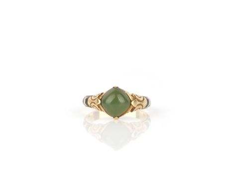 A Renaissance revival gold, enamel and nephrite ring, 19th century, designed in the 17th century style, set with a sugarloaf 